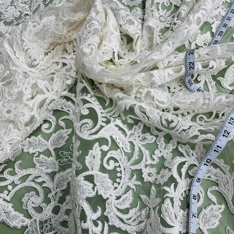 1 Yard Beaded & Corded Bridal Lace Fabric Embroidered on 100% Polyester Net Mesh