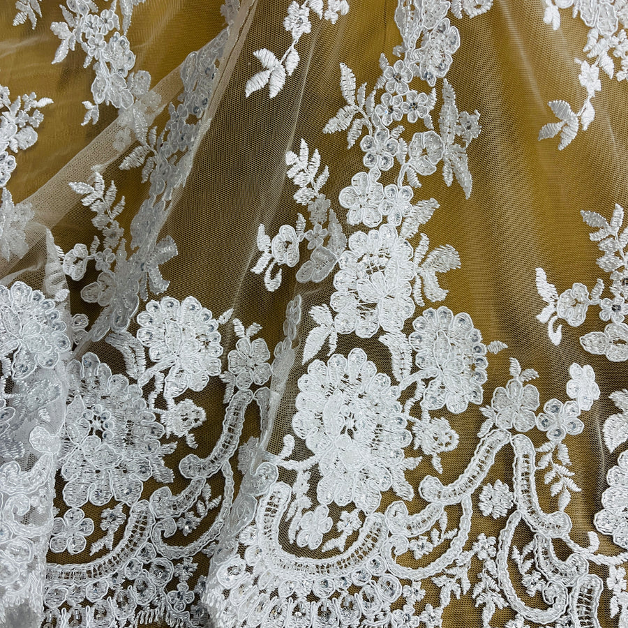 1 Yard Luxury Beaded Corded Bridal Lace Fabric Embroidered White