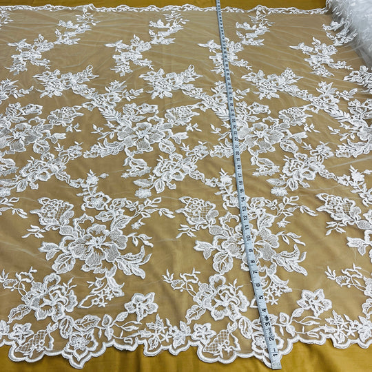 1 Yard Corded Bridal Lace Fabric Embroidered on Polyester Net Mesh 53 inch Width