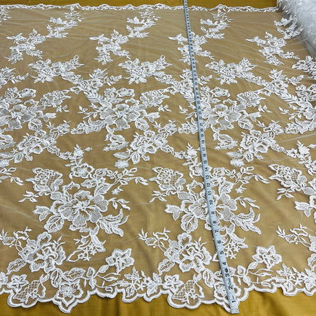 1 Yard Corded Bridal Lace Fabric Embroidered on Polyester Net Mesh 53 inch Width