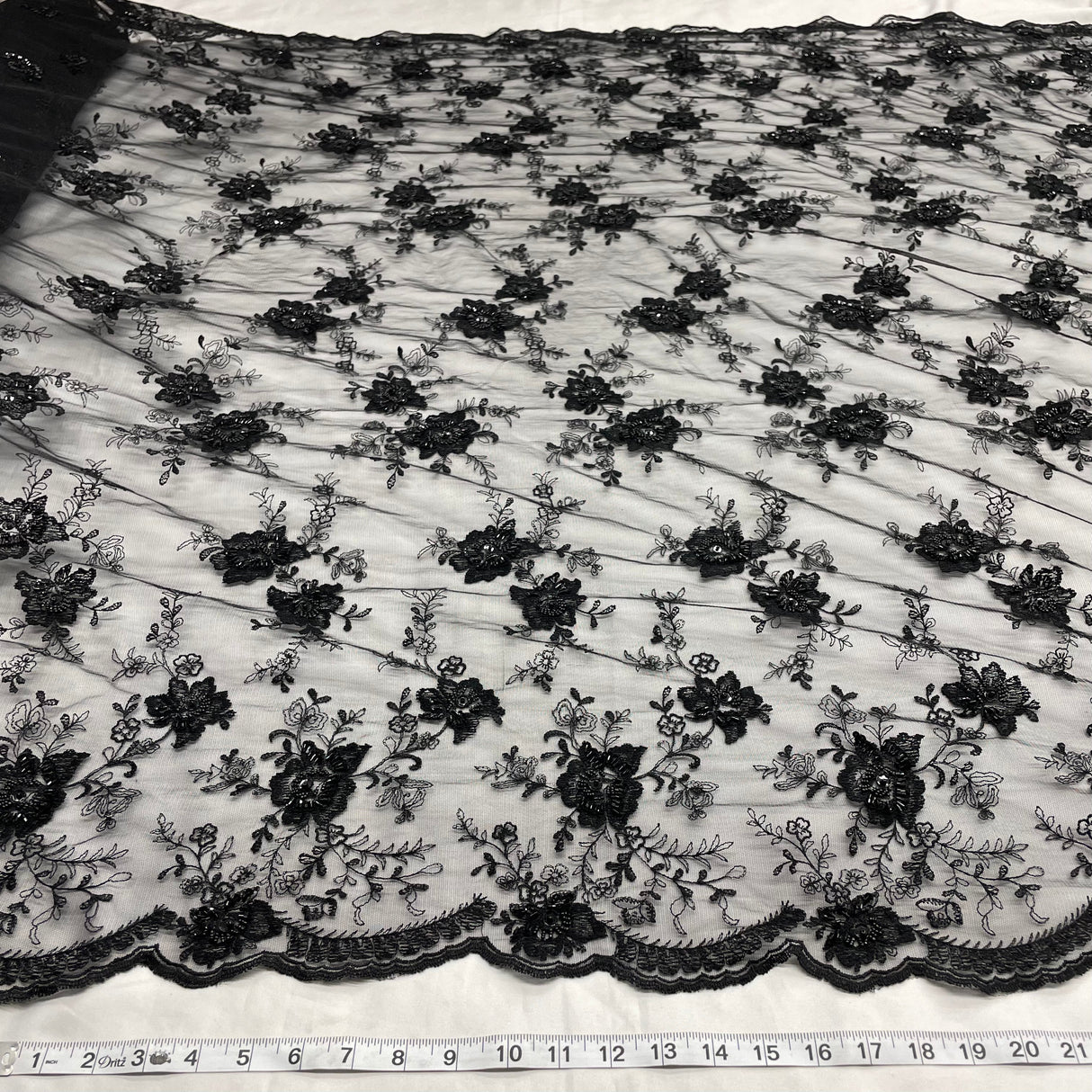 Beaded Lace Fabric Embroidered On 100 Percent Polyester Net Mesh - Black, 52" Width (1 Yard)