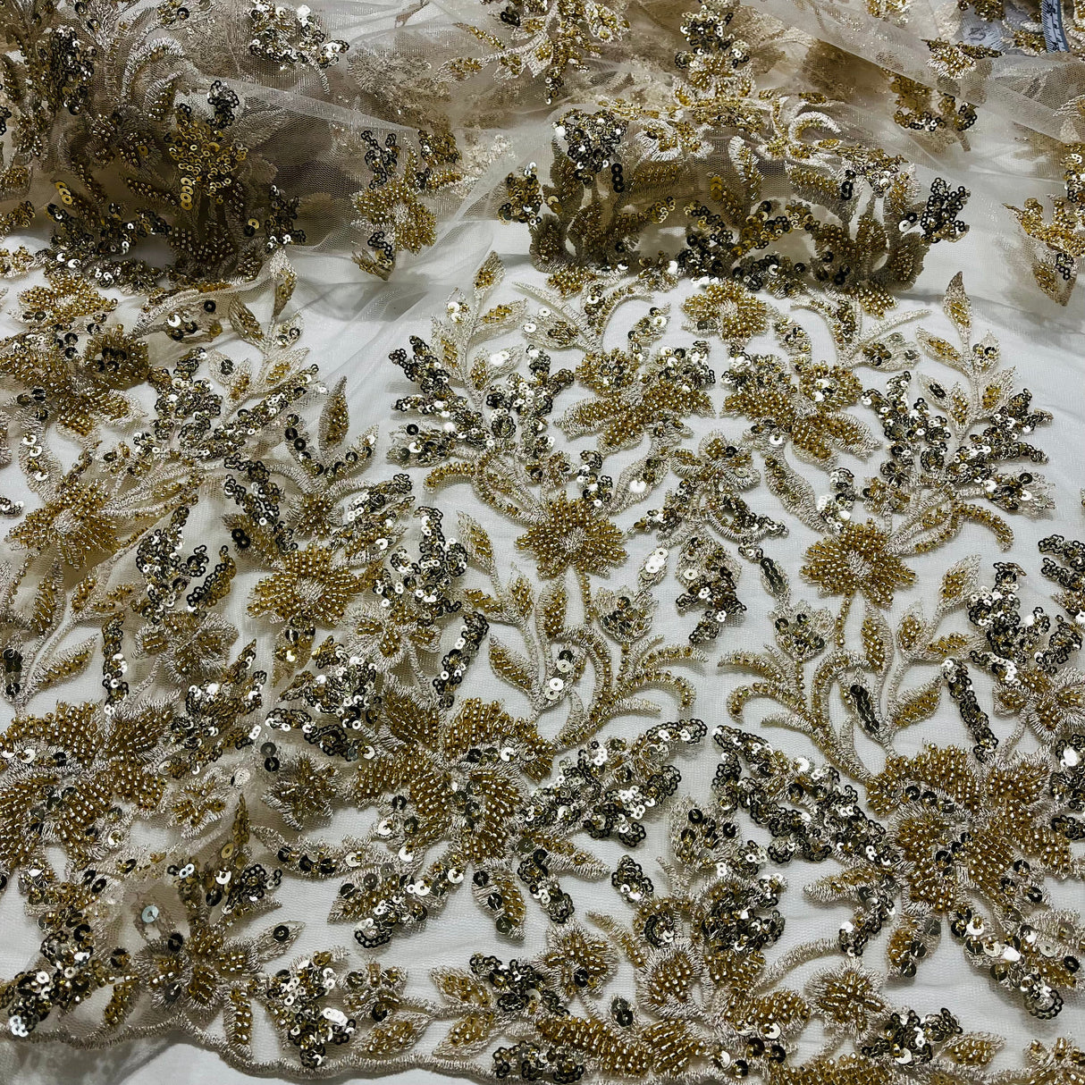 Beaded Lace Fabric Embroidered On 100 Percent Polyester Net Mesh - Gold, Silver, 52" Wide (1 Yard)
