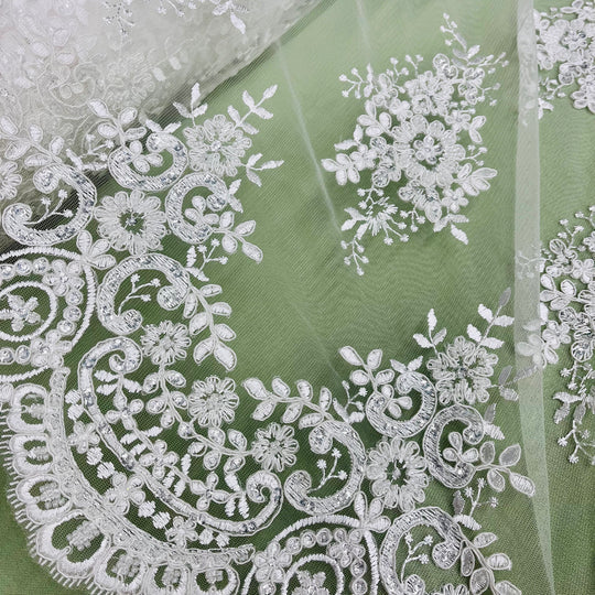 1 Yard Exquisite Beaded and Corded Lace Fabric Embroidered on Polyester Net Mesh