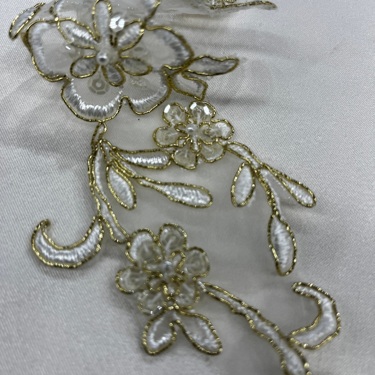 1 Yard Beaded & Corded Lace Applique Embroidered on 100% Polyester Organza Fabric