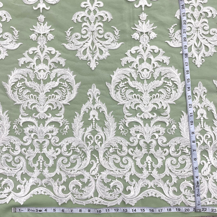 1 Yard Exquisite Corded Bridal Lace Fabric Embroidered on 100% Polyester Net Mesh White