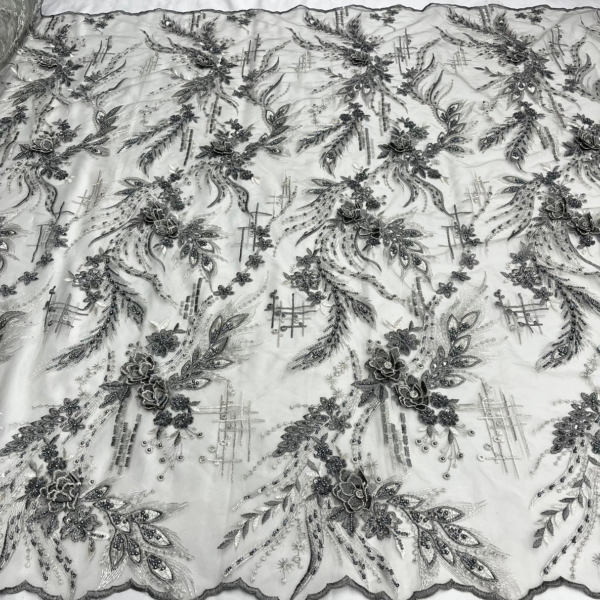 Beaded 3D Floral Lace Fabric