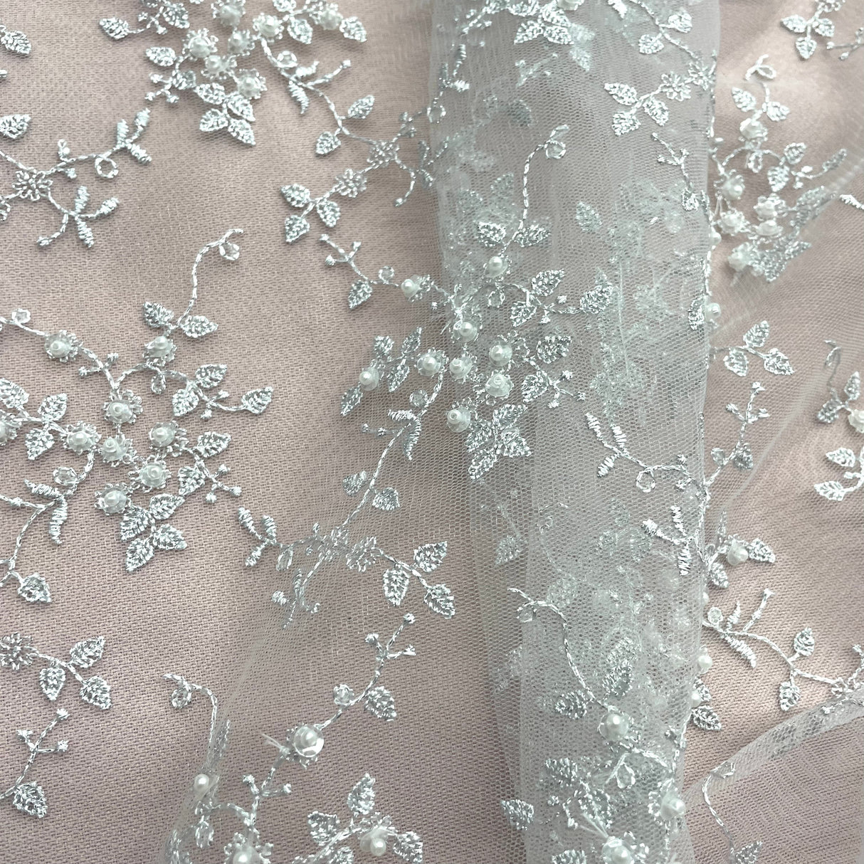 Beaded Lace Fabric on Polyester Net Mesh