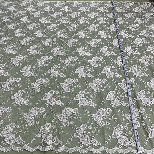1 Yard Regal Beaded and Corded Lace Fabric Embroidered on Polyester Net Mesh