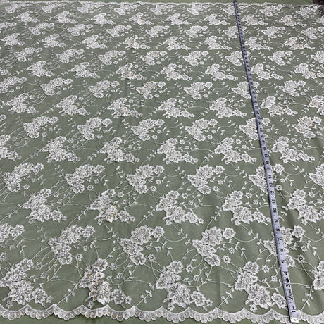 1 Yard Regal Beaded and Corded Lace Fabric Embroidered on Polyester Net Mesh