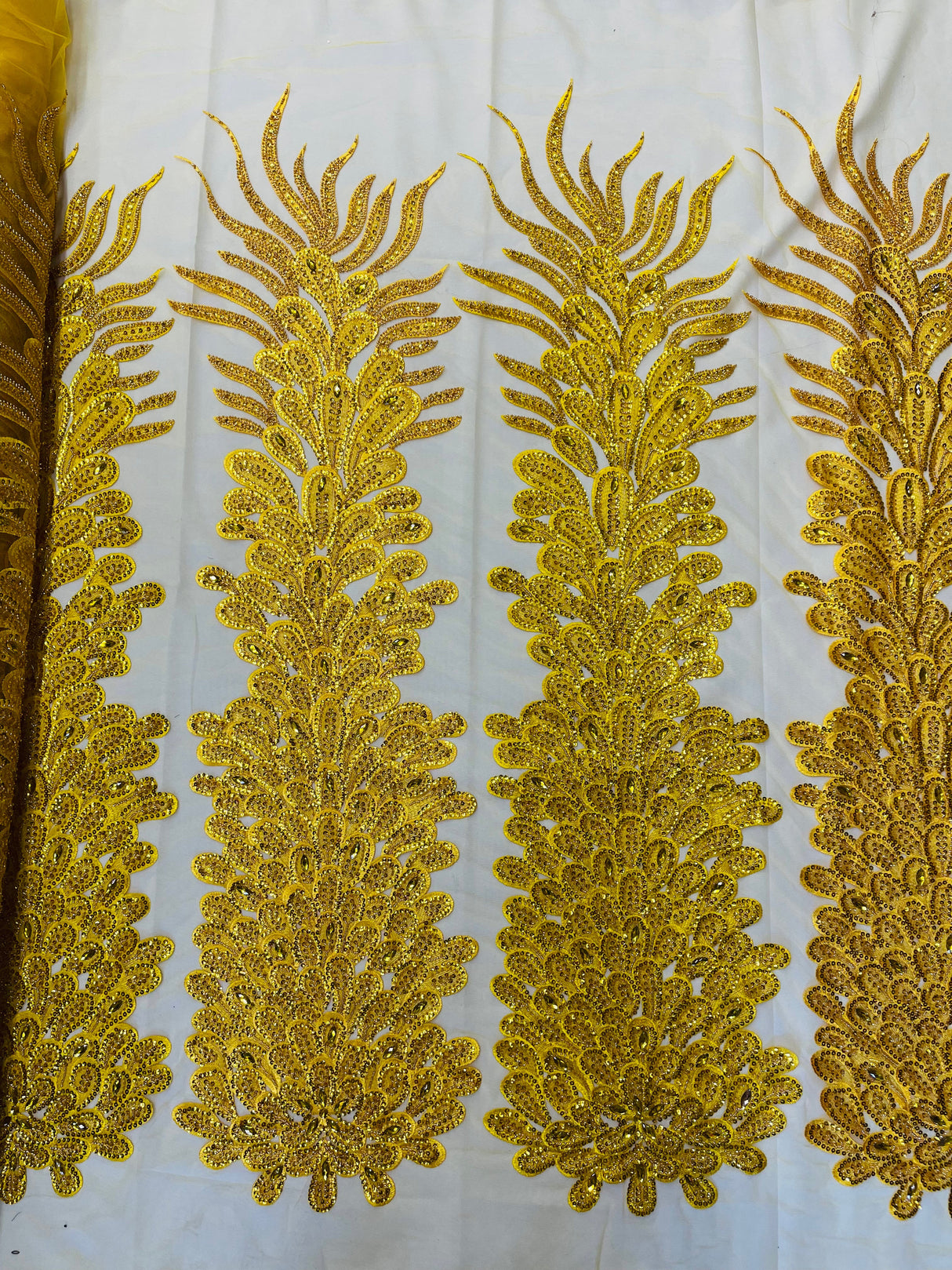 New Vegas Heavy Beaded Feather Design Embroidery Mesh Fabric - Beaded Feather Design, 11" Width, 50" Length (1 Panel)