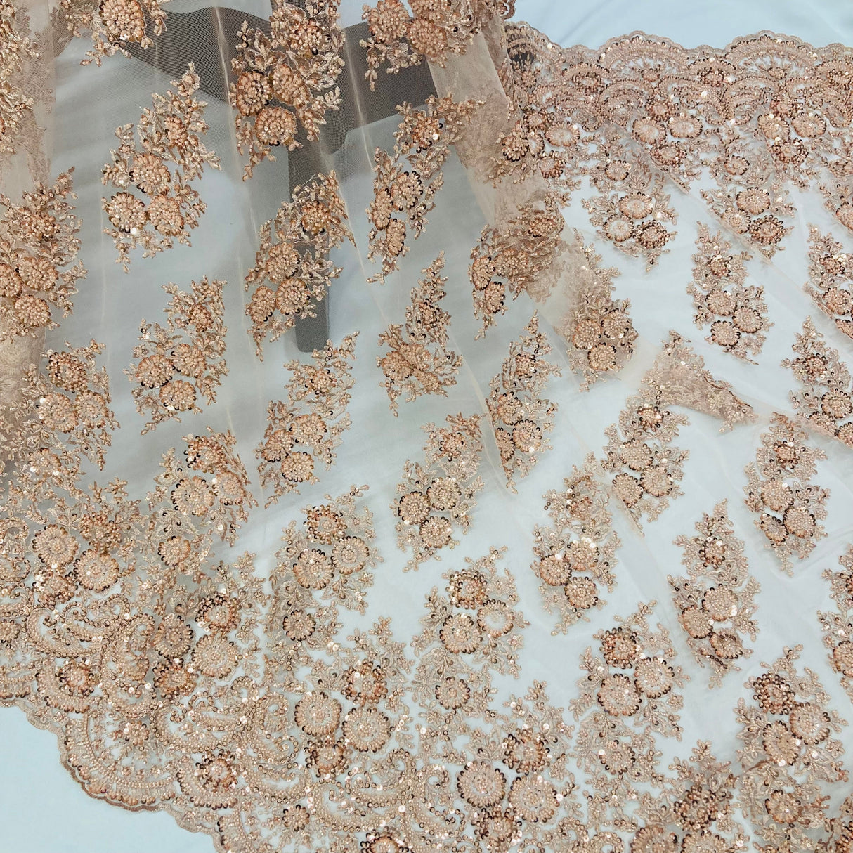 Beaded Lace Fabric Embroidered On 100 Percent Polyester Net Mesh - Red, Champagne, Blush, Coral, Peach, 50" Width (1 Yard)