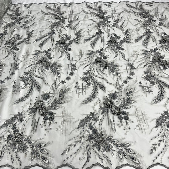 1 Yard Beaded Rhinestone 3D Floral Lace Fabric Embroidered 100 Percent Polyester Net Mesh 50 inch Width