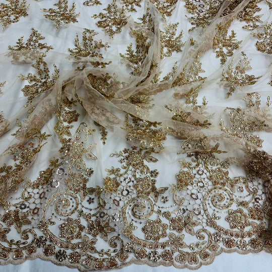 1 Yard Beaded and Corded Bridal Lace Fabric Embroidered on Polyester Net Mesh