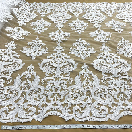 1 Yard Corded Bridal Lace Fabric Embroidered on 100 Percent Polyester Net Mesh Gold