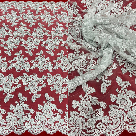 1 Yard - Corded Bridal Lace Fabric Embroidered on 100% Polyester Net Mesh - 51" Wide