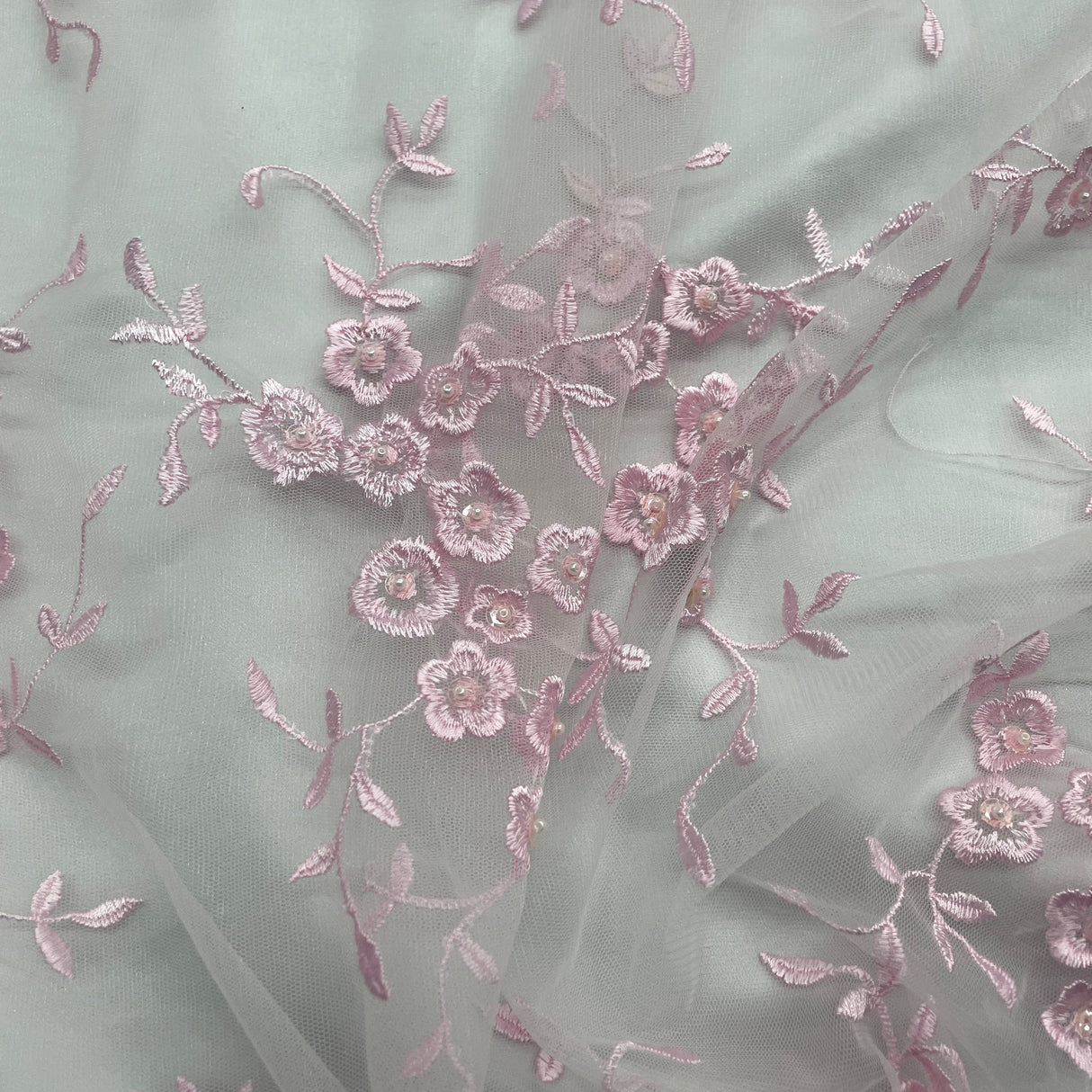 Beaded Lace Fabric on Polyester Net Mesh