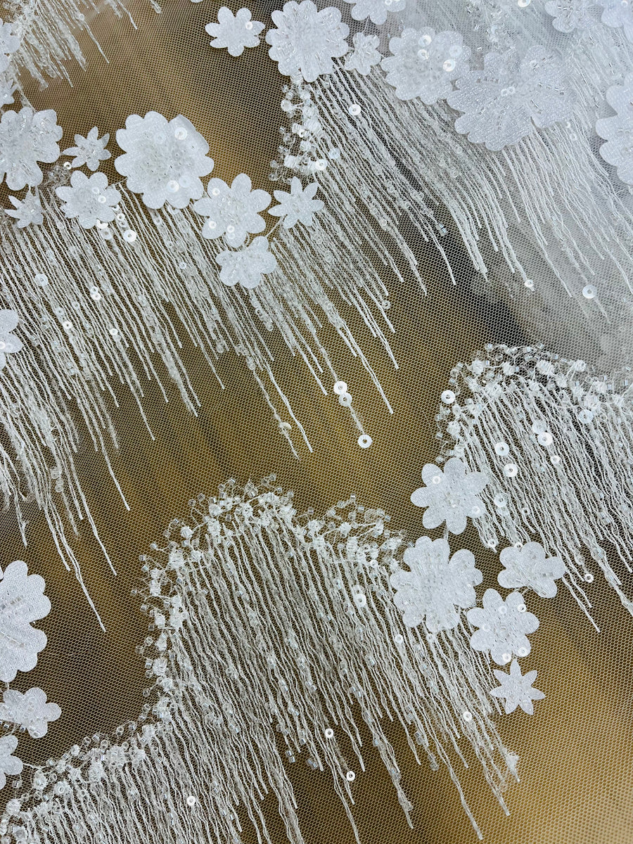 1 Yard Luxurious Beaded 3D Floral Lace Fabric Embroidered on 100% Polyester Net Mesh White