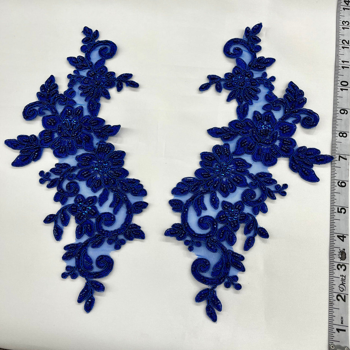 Beaded Corded Floral Lace Applique on Polyester Net Mesh