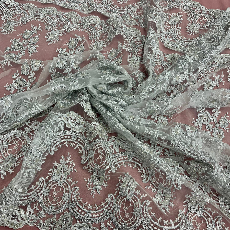 1 Yard Luxurious Beaded and Corded Bridal Lace Fabric Embroidered on 100% Polyester Net Mesh White