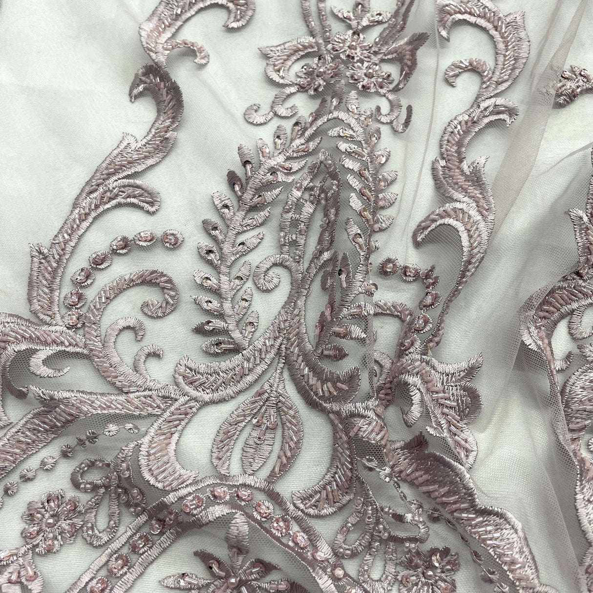 Beaded Lace Fabric on Polyester Net Mesh 54"