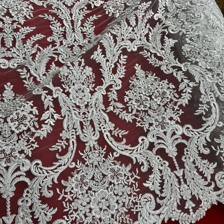 1 Yard Corded Bridal Lace Fabric Embroidered on Polyester Net Mesh