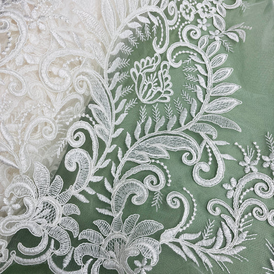 1 Yard Corded Bridal Lace Fabric Embroidered on Polyester Net Mesh 52 inch Width