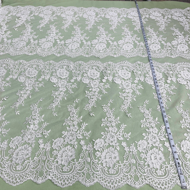 1 Yard Exquisite Corded Bridal Lace Fabric with Embroidered Floral Details White