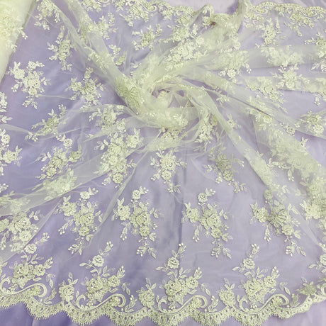 1 Yard - Corded Bridal Lace Fabric Embroidered on 100% Polyester Net Mesh - Ivory with Silver - 56"