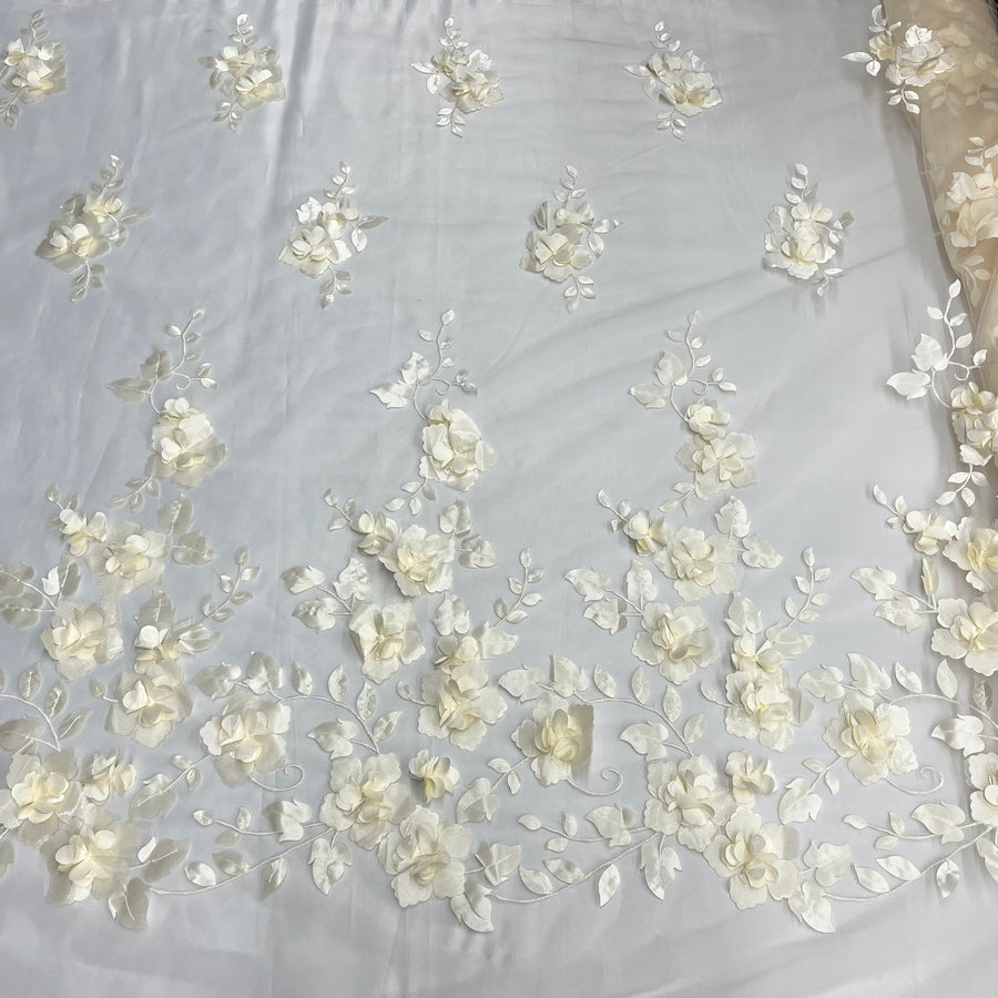 1 Yard - 3D Floral Lace Fabric Embroidered on 100% Polyester Soft Tulle Net Mesh