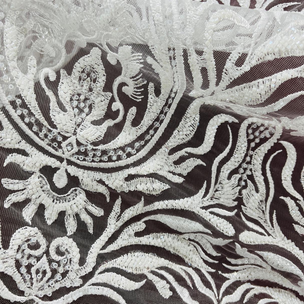 Beaded Lace Fabric on Polyester Net Mesh