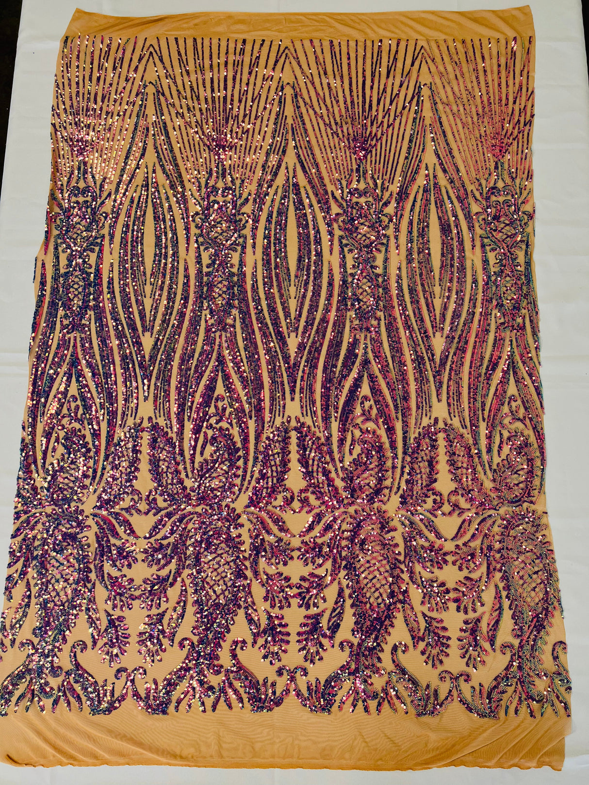 Paisley Sequin Design 4 Way Stretch Mesh Fabric - Nude Paisley Embroidered Iridescent Sequins, 48-50" Width, 36" Length (1 Yard)