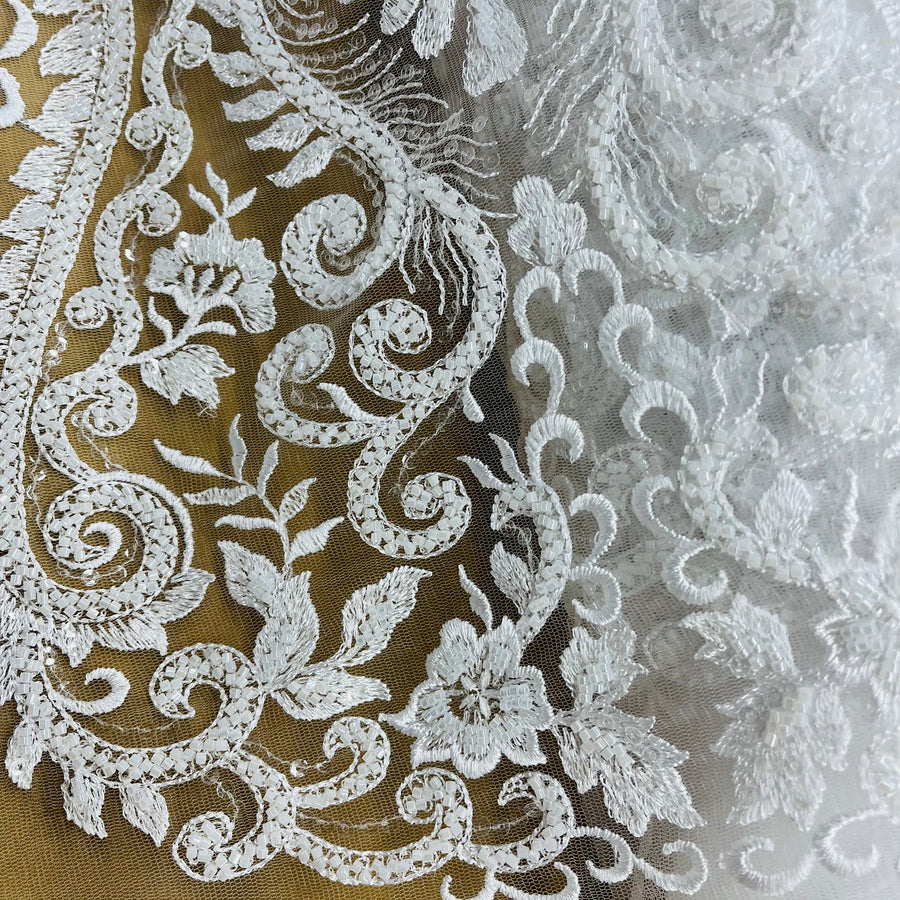 1 Yard Beaded Lace Fabric Embroidered on 100% Polyester Net Mesh | Ivory