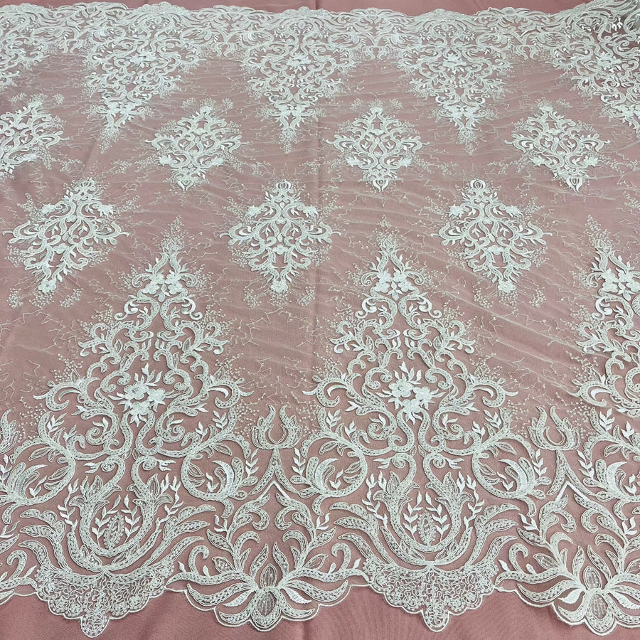 1 Yard Beaded & Corded Bridal Lace Fabric Embroidered on 100% Polyester Net Mesh