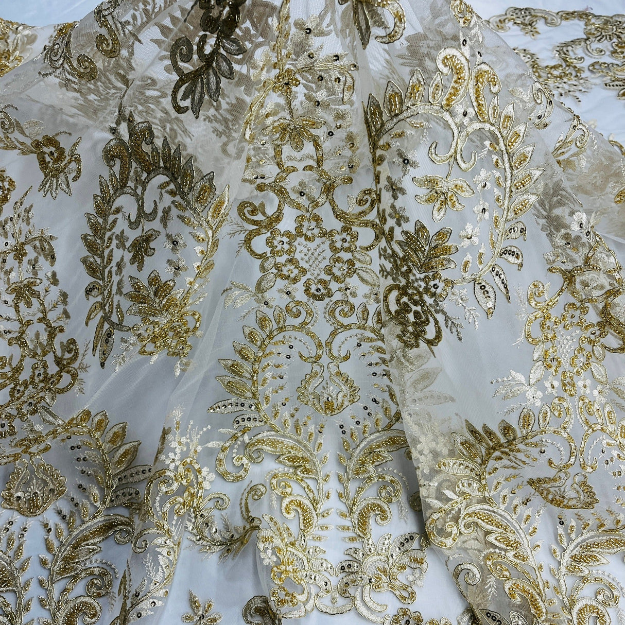 Beaded Corded Bridal Lace Fabric - Embroidered Floral Design, 52" Width (1 Yard)