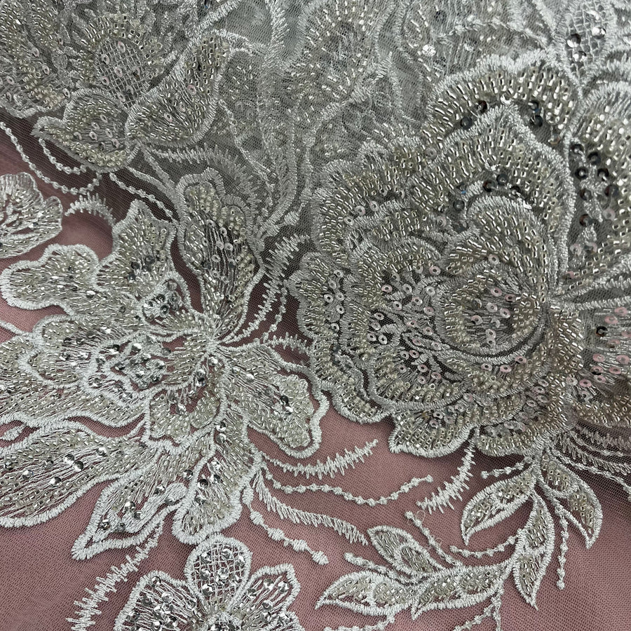 1 Yard Ivory Beaded Lace Fabric Embroidered on 100 Percent Polyester Net Mesh 52 Inch Width