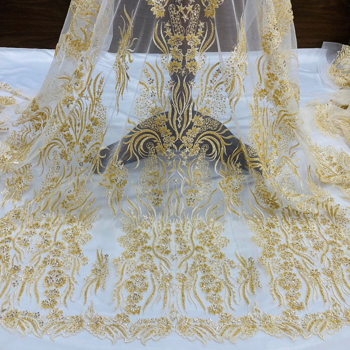 Beaded Lace Fabric on Polyester Net Mesh