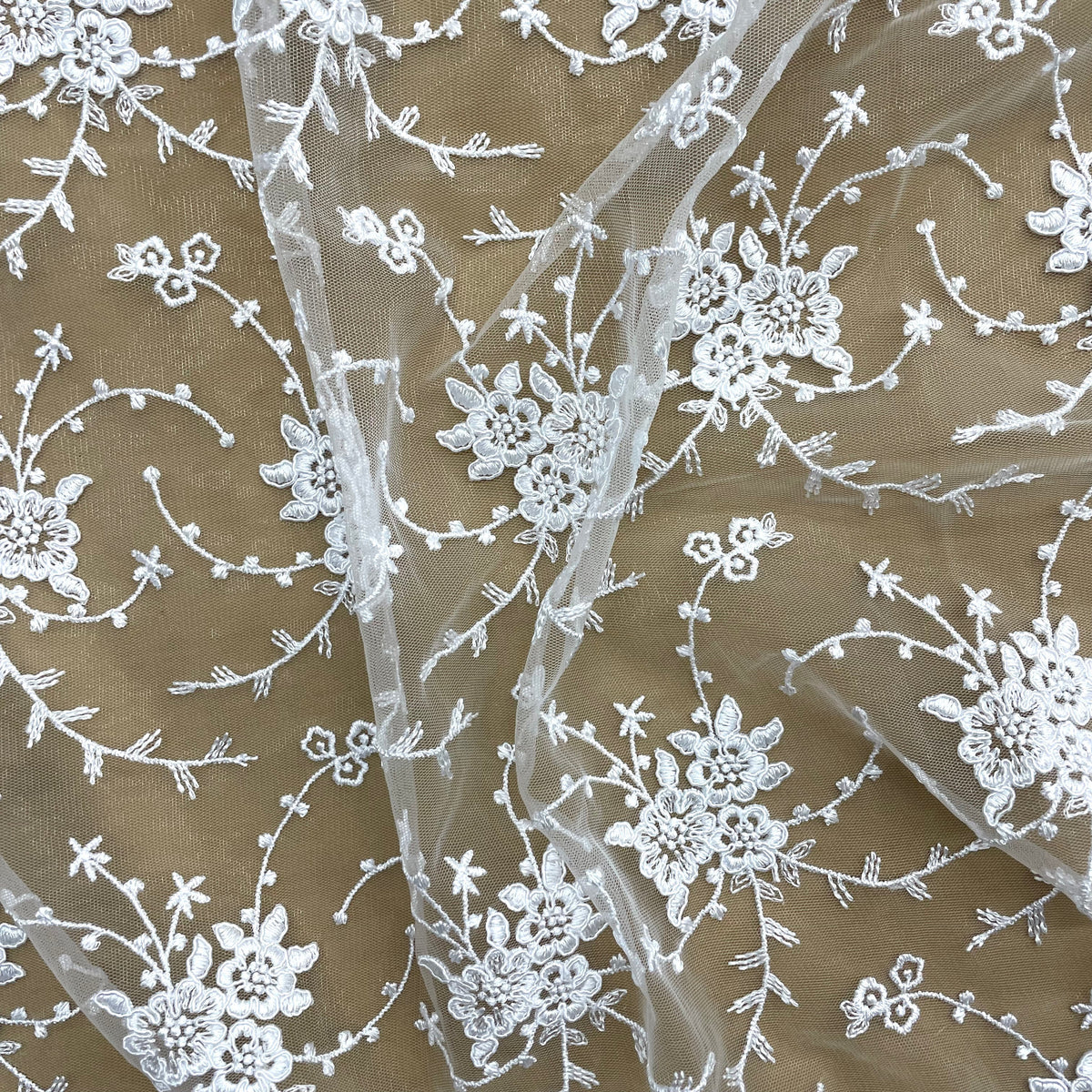 1 Yard Elegant Corded Bridal Lace Fabric on 100% Polyester Mesh, Embroidered Floral Design
