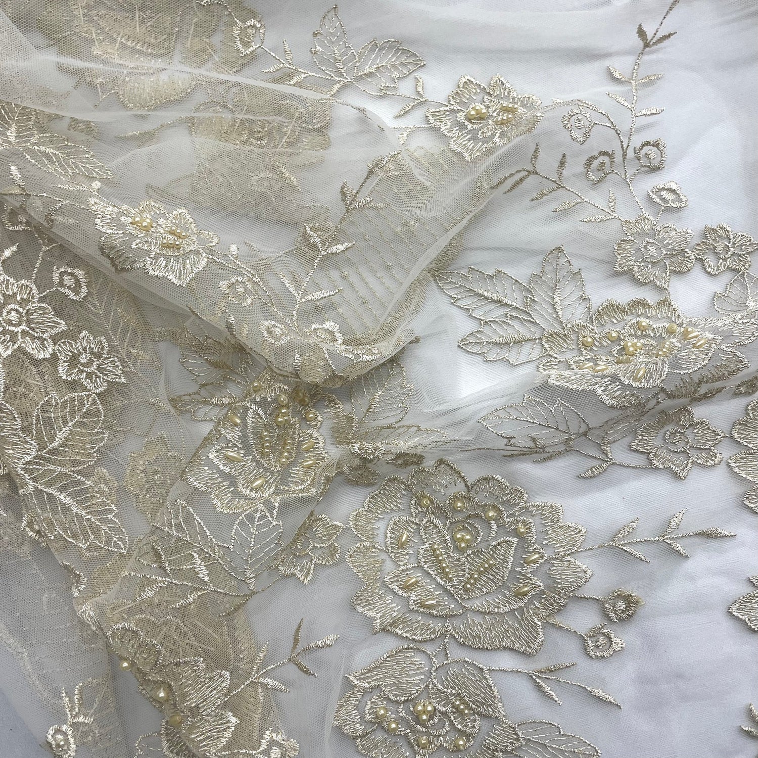 1 Yard Silver Beaded Embroidered Lace Fabric on Polyester Net Mesh for Bridal and Evening Couture – 52"