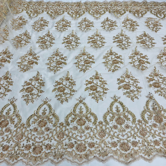 1 Yard Luxurious Beaded and Corded Bridal Lace Fabric Embroidered on Polyester Net Mesh