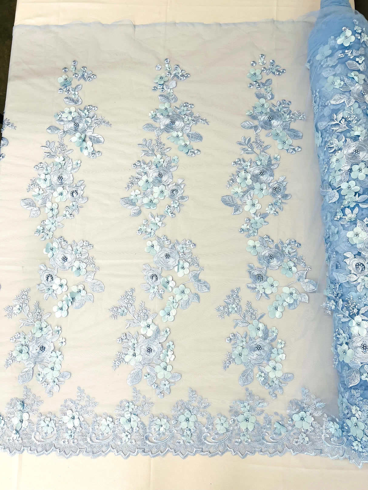 Scarlet 3D Floral Design Lace Fabric - Embroidered Beaded Mesh Lace, Double Scallop, 54" Width (1 Yard)