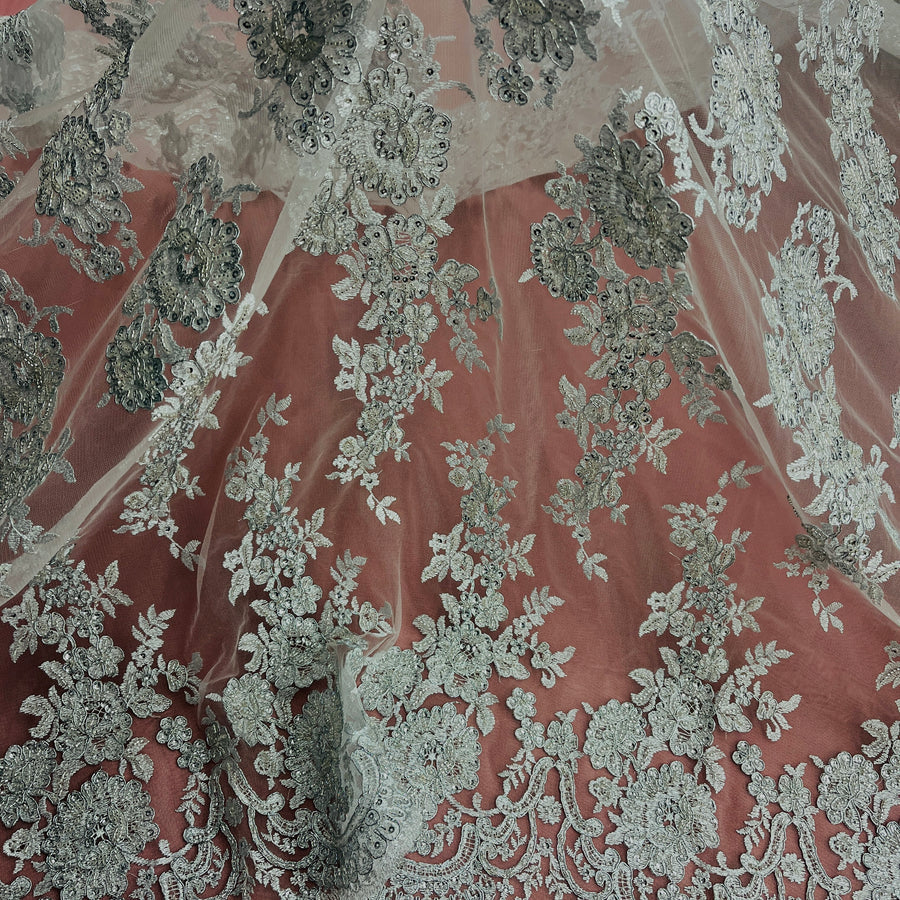 1 Yard Luxury Beaded Corded Bridal Lace Fabric Embroidered White