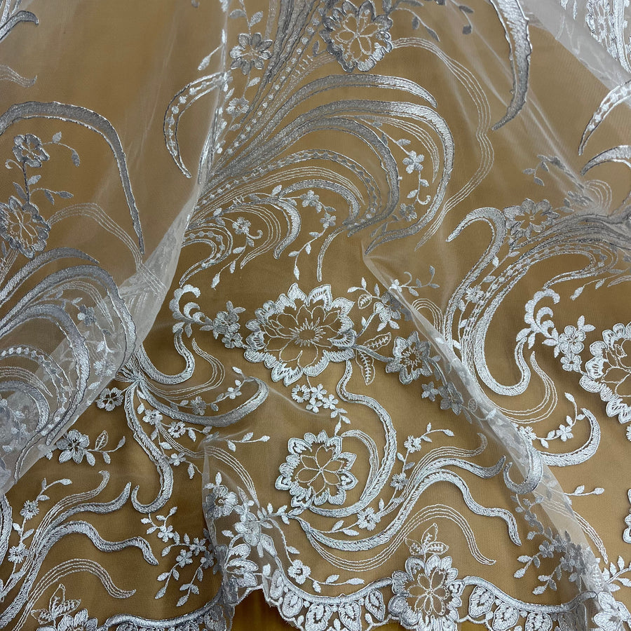 1 Yard - Corded Bridal Lace Fabric Embroidered on 100% Polyester Net Mesh - 54"