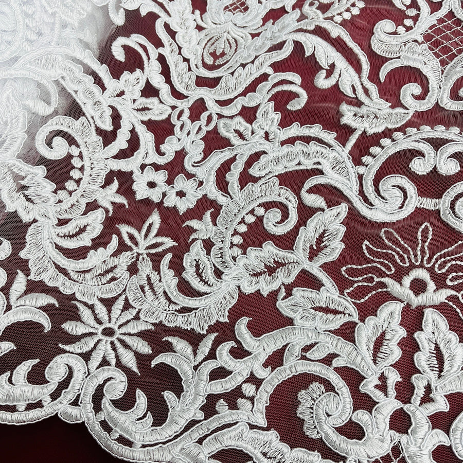 1 Yard Ivory Corded Bridal Lace Fabric Embroidered on 100 Percent Polyester Net Mesh 53 Inch Width