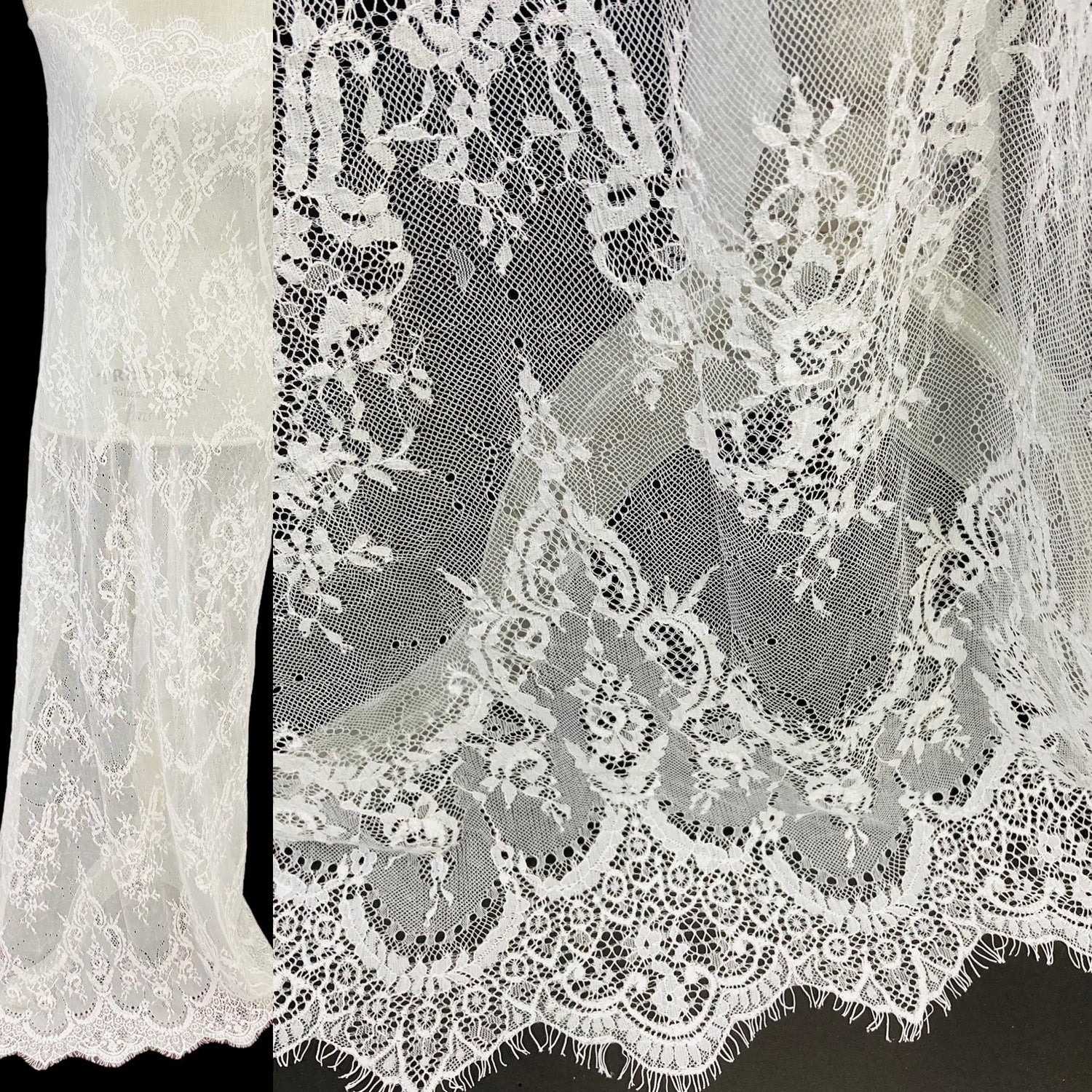 1 Panel Chantilly Embroidered Lace Fabric with Eyelash Scallop – White, Ivory, and Blush