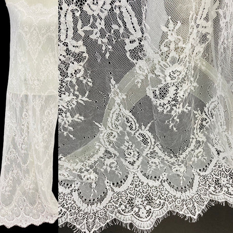 1 Panel Chantilly Embroidered Lace Fabric with Eyelash Scallop – White, Ivory, and Blush