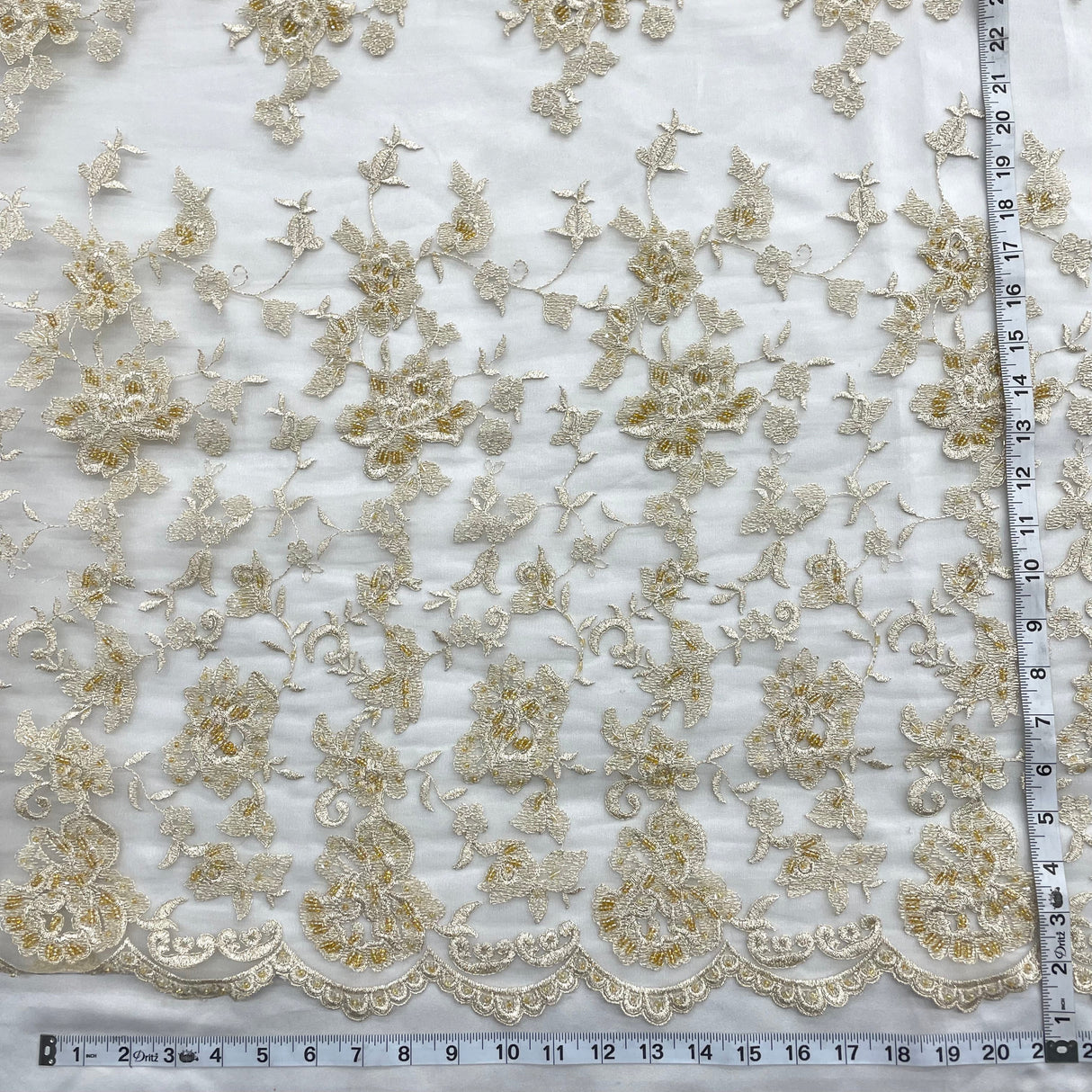 Beaded Lace Fabric Champagne with Gold 54"