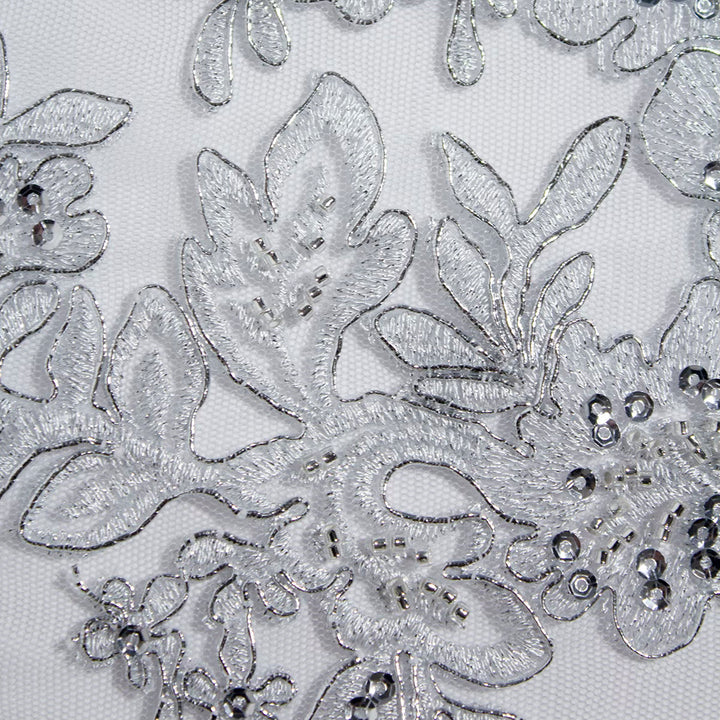 1 Yard Beaded Corded Bridal Lace Fabric Embroidered on Polyester Net White