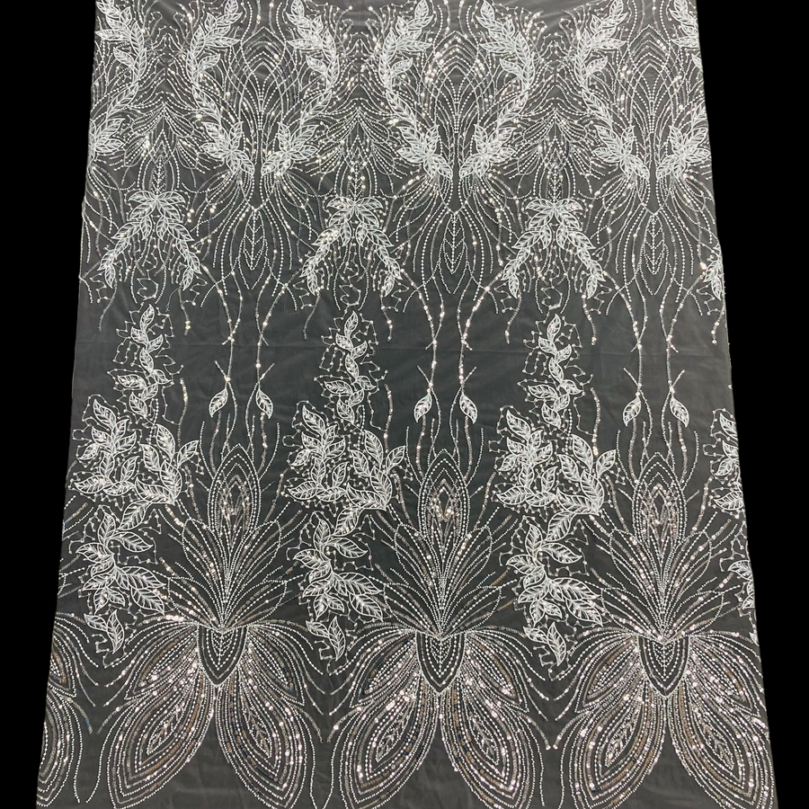 1 Yard Ivory Beaded Lace Fabric Embroidered on 100 Percent Polyester Net Mesh 52 Inch Width