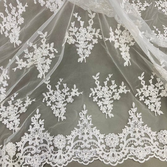 1 Yard Beaded Corded Bridal Lace Fabric Embroidered 100 Percent Polyester Net Mesh 56 inch Width