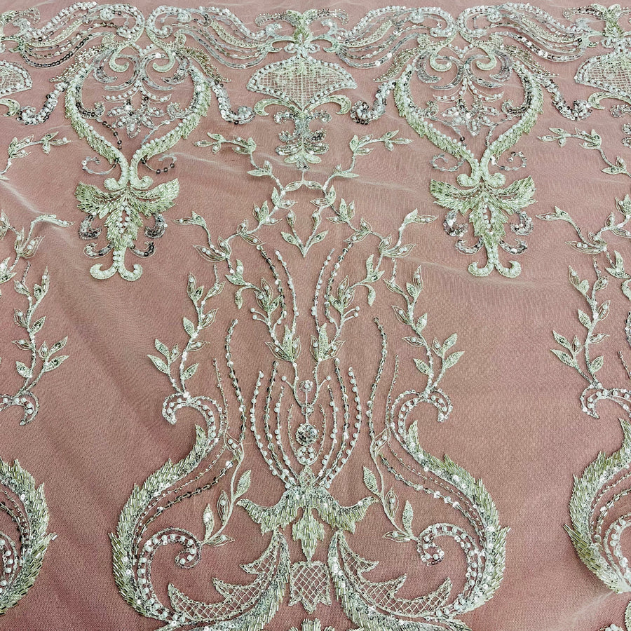 1 Yard Beaded Lace Fabric Embroidered on 100% Polyester Net Mesh Ivory